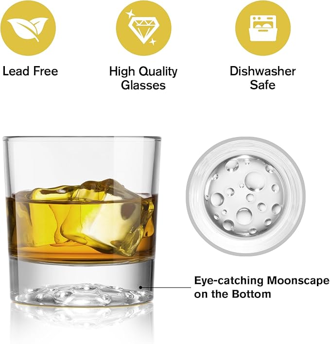 Creative Moonbottom Whiskey Glasses Set of 4, Old Fashioned and Cocktail Glasses (Transparent bottom), gift for amateur astronomer