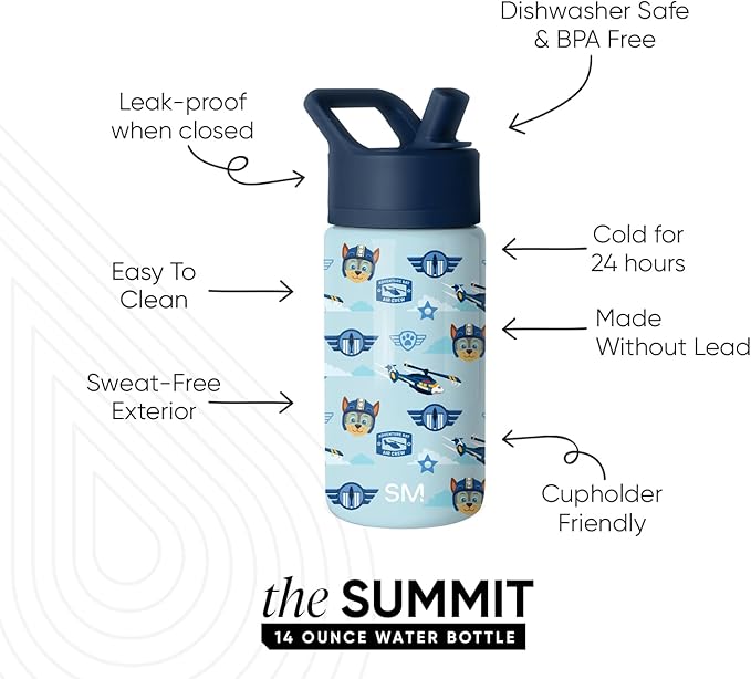 Simple Modern Kids Summit Water Bottle with Straw Lid | Paw Patrol 14oz Stainless Steel Cup Insulated Tumbler for Toddlers, School | Helicopter Chase