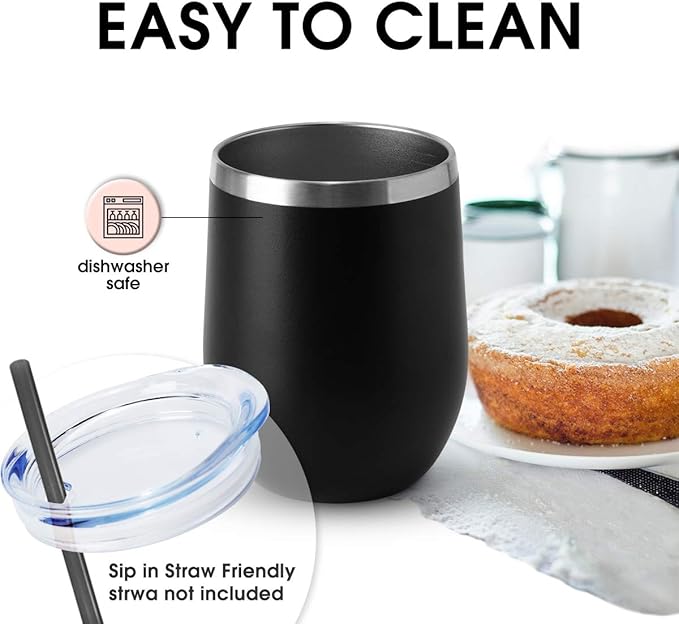 HASLE OUTFITTERS 12oz Wine Tumbler with Lid Stemless Wine Glasses Double Wall Vacuum Travel Mugs stainless steel Coffee Cup for Cold & Hot Drinks Wine Coffee Cocktails Beer 6 Pack Black