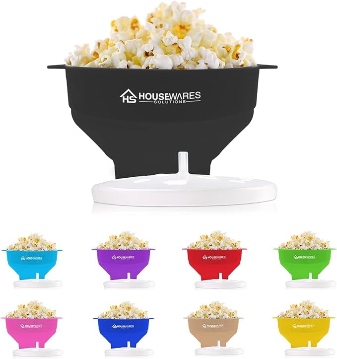 Collapsible Silicone Microwave Hot Air Popcorn Popper Bowl With Lid and Handles (Black)