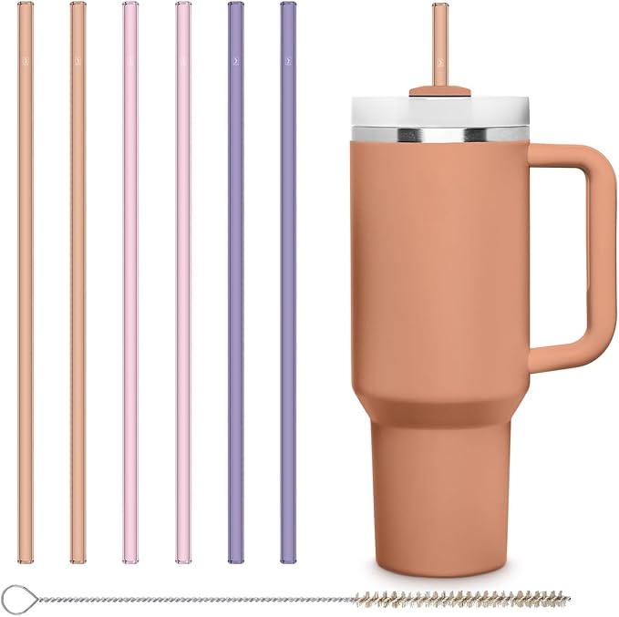 HALM Stanley Quencher Tumbler Glass Straws 3 Pastel Colors Pink Purple Orange Reusable Replacement Straws for Tumbler with Handle Stainless Steel Drinking Cup Accessory BPA-Free & Dishwasher Safe