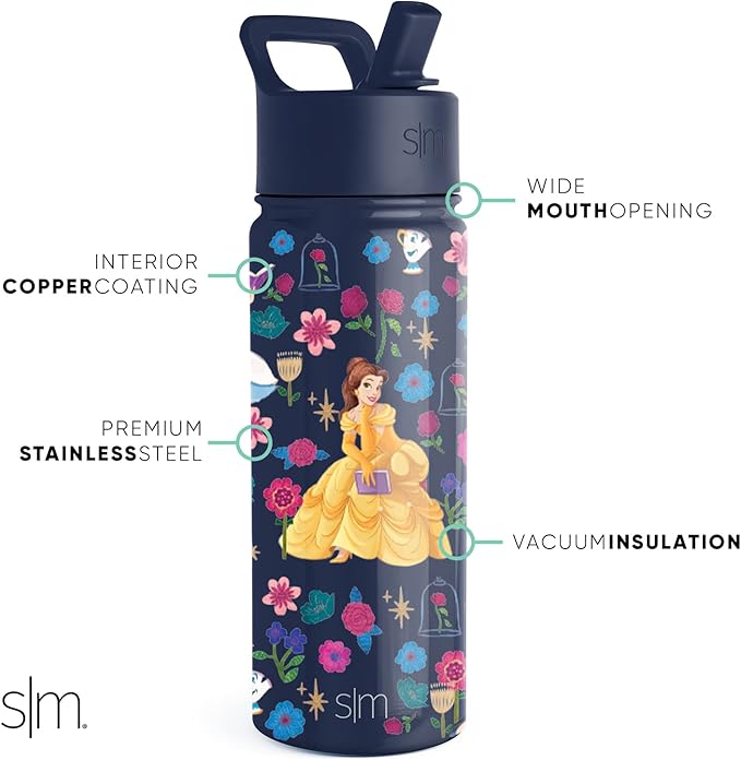 Simple Modern Kids Summit Water Bottle with Straw Lid | Disney Princess Belle 18oz Stainless Steel Cup Insulated Tumbler for Girls, School | Belle's Garden