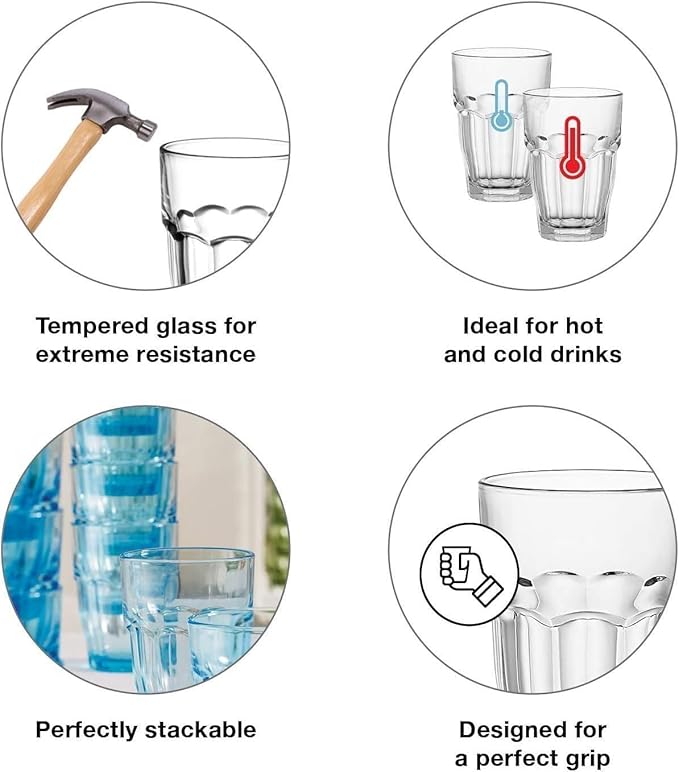 Bormioli Rocco Rock Bar 16.25 oz. Cooler Stackable Tempered Beverage Glasses for Cold Drinks, Water, and Cocktails, Set of 6, Clear