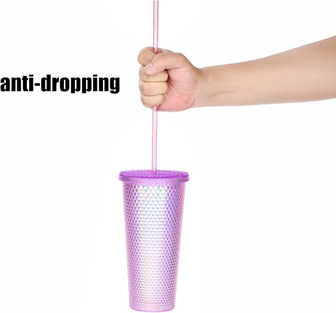 ALINK 12PCS Reusable Clear Pink Glitter Straws, 11" Long Hard Plastic Tumbler Drinking Straws with Cleaning Brush
