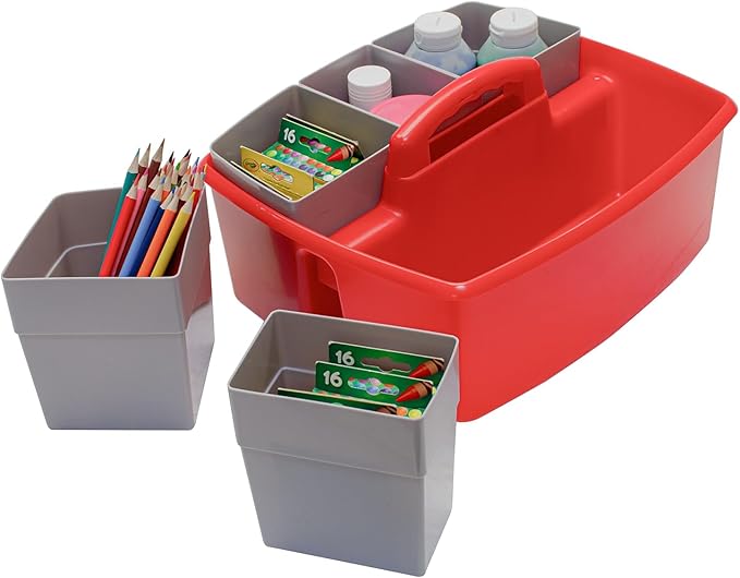Storex Large Classroom Caddy with Cups, 13 x 11 x 6.575 Inches, Red, Case of 2 (00981U02C)