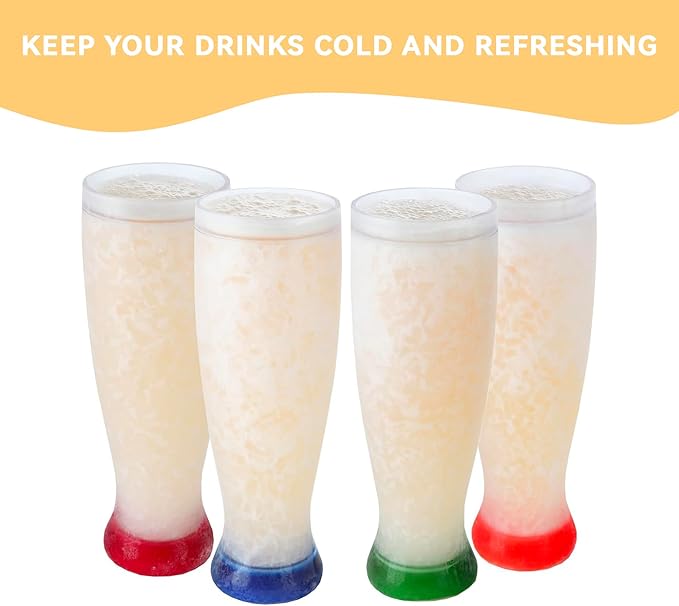 Lily's Home 16 oz Set of 4 Freezer Beer Mugs, Double Wall, Insulated with Liquid Gel Plastic Freezable Glasses, Glass for Freezer, Chiller Frosty Cup,for party