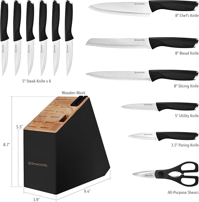 Black Knife Set, 13 Pieces Knife Block Set with Built-in Sharpener Scissors for Kitchen Meat & Vegetable Cutting, Dishwasher Safe Knives Set Present for Family & Restaurant