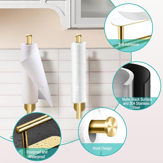 MGahyi Paper Towel Holder Wall Mount, Self Adhesive Or Drilling Under Cabinet Kitchen, 13.2 inch Stainless Steel Paper Towel Roll Rack, Towel Roll Hanger for Bathroom(Gold, Rectangle)
