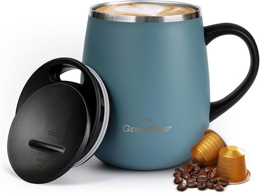 GRANDTIES Insulated Coffee Mug with Handle - Sliding Lid for Splash-Proof 16oz Wine-Glass Shape Thermal Tumbler with Double Walled Vacuum Stainless Steel to Keeps Beverages Hot or Cold-Atlantis Blue