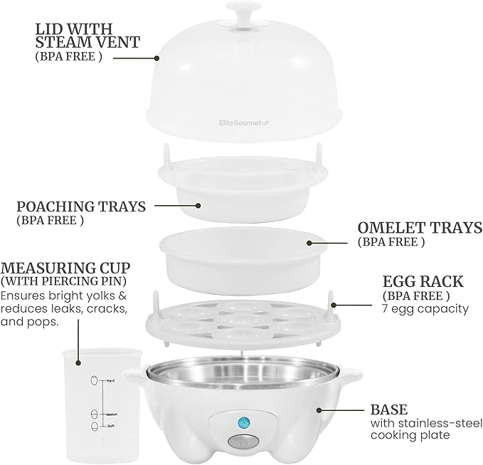 Elite Gourmet EGC-007 Rapid Egg Cooker, 7 Easy-To-Peel, Hard, Medium, Soft Boiled Eggs, Poacher, Omelet Maker, Auto Shut-Off, Alarm, 16-Recipe Booklet, White