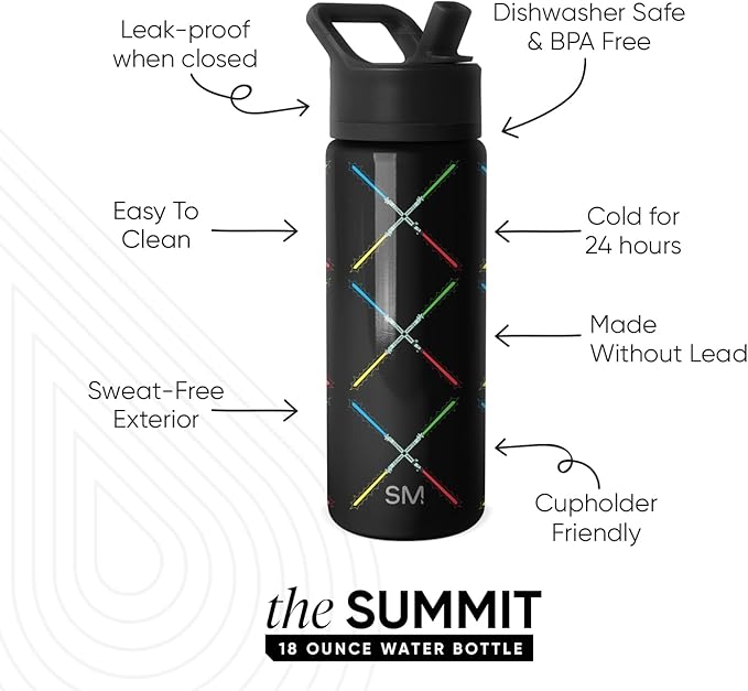 Simple Modern Kids Summit Water Bottle with Straw Lid | Star Wars 18oz Stainless Steel Cup Insulated Tumbler for Boys, Girls, School | Star Wars Saber Argyle