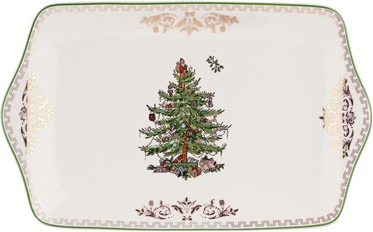 Spode Christmas Tree Gold Dessert Tray - 12" Fine Porcelain Festive Serving Platter with Red Ribbons, Holiday Collectible Dish for Entertaining & Desserts - Winter Holiday Serveware Gift