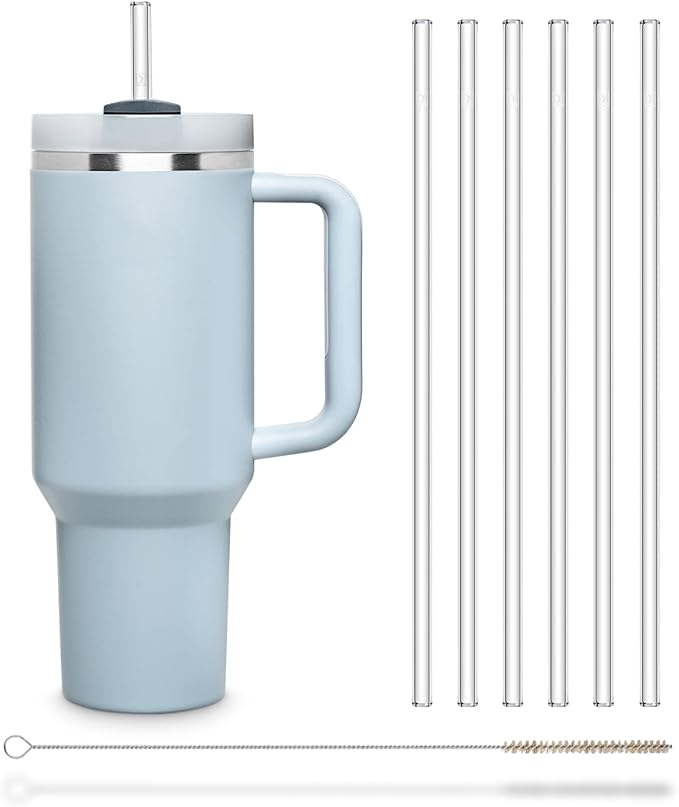 Halm Glass Straws 6x 12 inch Long Replacement Straw for Stanley Quencher Cup 40 oz & 30 oz Plastic-Free Cleaning Brush - Reusable Drinking Straw Dishwasher Safe Made in Germany
