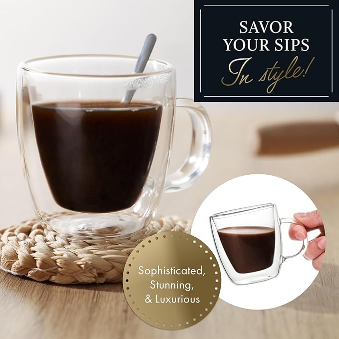 ELIXIR GLASSWARE Double Wall Espresso Shot Glass - 5.4 oz - Set of 2 Glass Coffee Mugs - Double Walled Glass Coffee Mugs, Insulated Clear Glass Espresso Mugs, Double Wall Insulated Glasses
