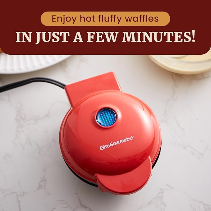 Elite Gourmet EWM015R Electric Nonstick 4.5-inch Mini Waffle Maker, Belgian Waffles, Compact Design, Hash Browns, Keto, Snacks, Sandwich, Eggs, Easy to Clean, Red