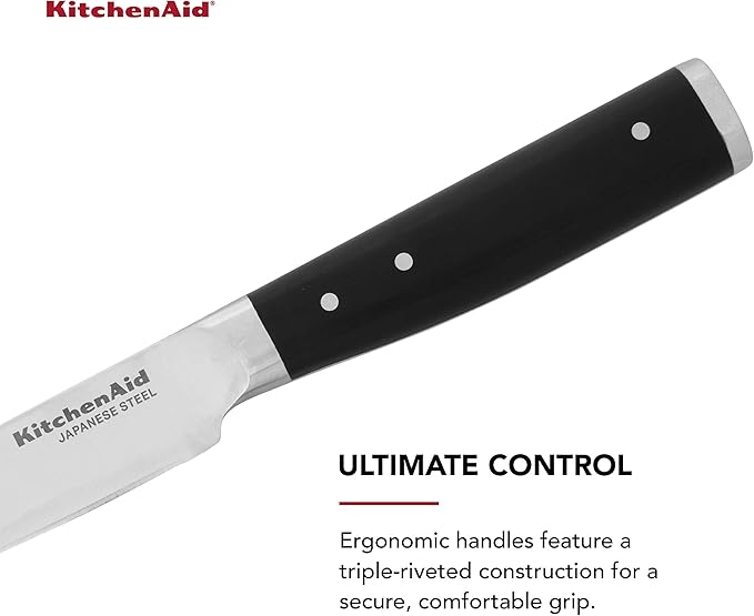 KitchenAid Gourmet Forged Triple Rivet Fine-Edge Utility Knife with Custom-Fit Blade Cover, 4.5-inch, Sharp Kitchen Knife, High-Carbon Japanese Stainless Steel Blade, Black