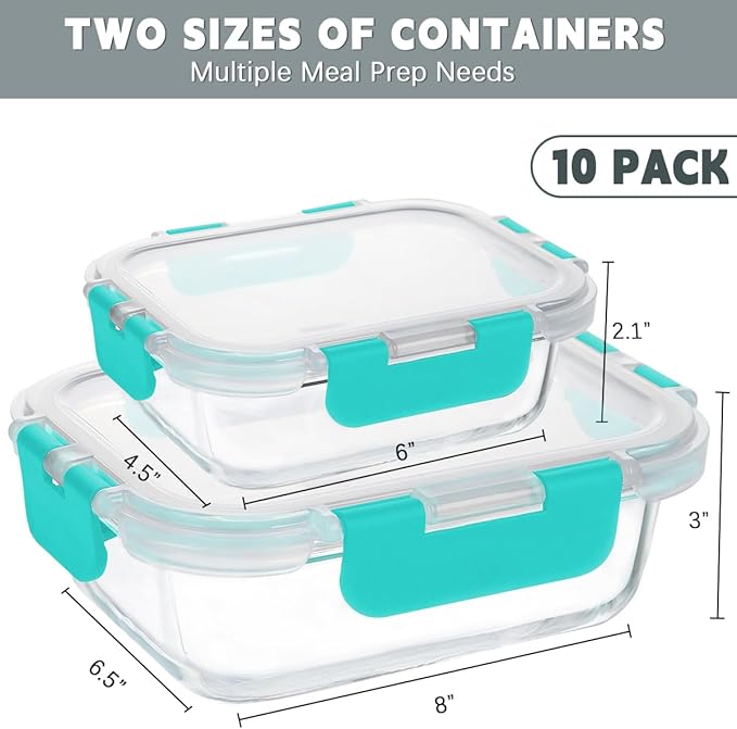 KAMOTA Glass Food Storage Containers, 10 Pack Glass Meal Prep Containers, Airtight Containers with Snap-Lock Lids, 34 oz and 13 oz green Container Set with Lids, for Microwave/Oven/Freezer