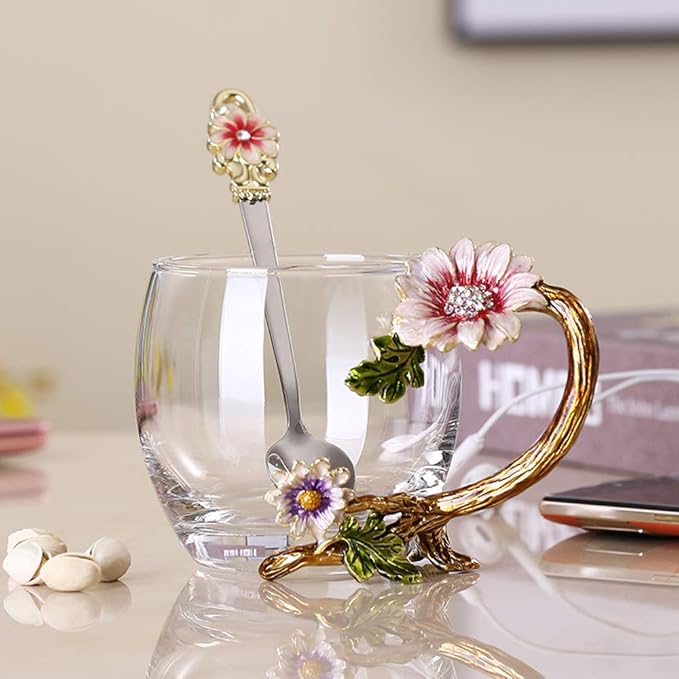 Enamel Sunflower Crystal Lead-Free Glass Tea Cup with Spoon Set, Present for The Christmas, Valentine's Day.Best Present for Mother, Grandma, Girlfriend, Sister.