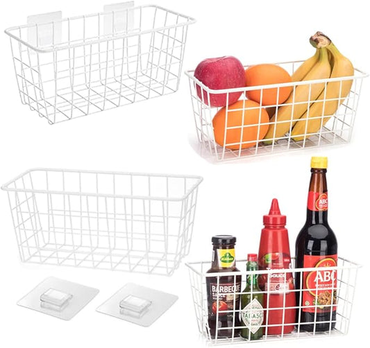 LeleCAT Hanging Kitchen Baskets For Storage Adhesive Sturdy Small Wire Storage Baskets No Drilling Wall Mounted Kitchen Food Pantry Bathroom Shelf Storage, 4 PACK,White