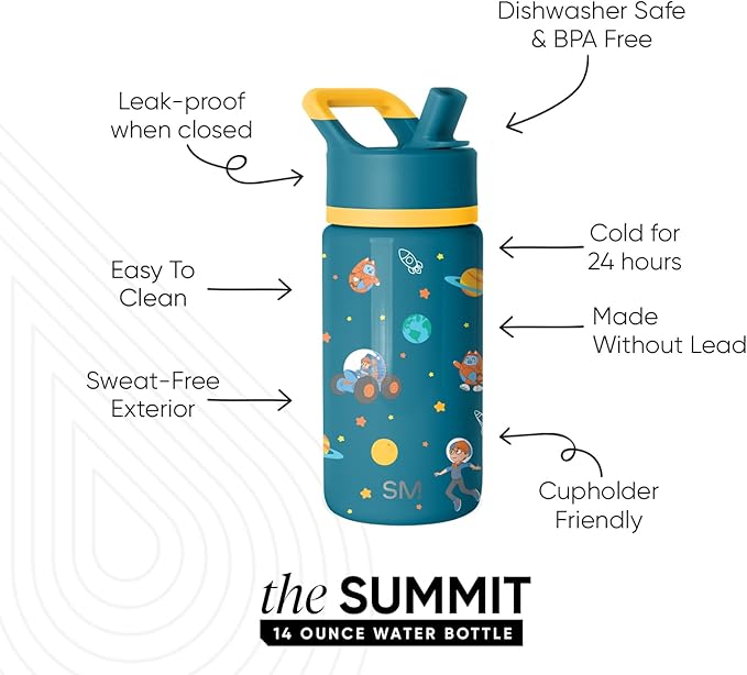 Simple Modern Kids Summit Water Bottle with Straw Lid | Blippi 14oz Stainless Steel Cup Insulated Tumbler for Toddlers, School | Blippi Space