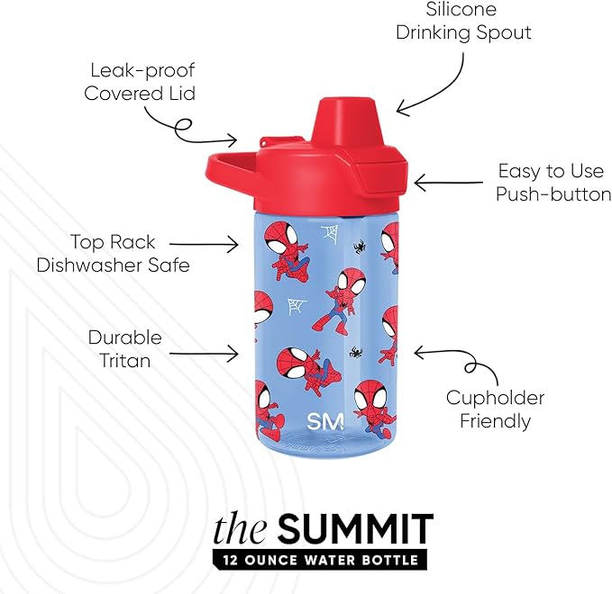Simple Modern Marvel Kids Tritan Plastic Summit Water Bottle | 12 oz BPA-Free Cup with Covered Leak Proof Straw Lid for Boys, Toddlers | Spidey Webs