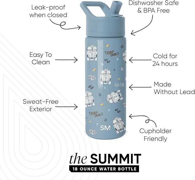 Simple Modern Kids Summit Water Bottle with Straw Lid | Star Wars 18oz Stainless Steel Cup Insulated Tumbler for Girls, School | R2D2 Rebel Droid