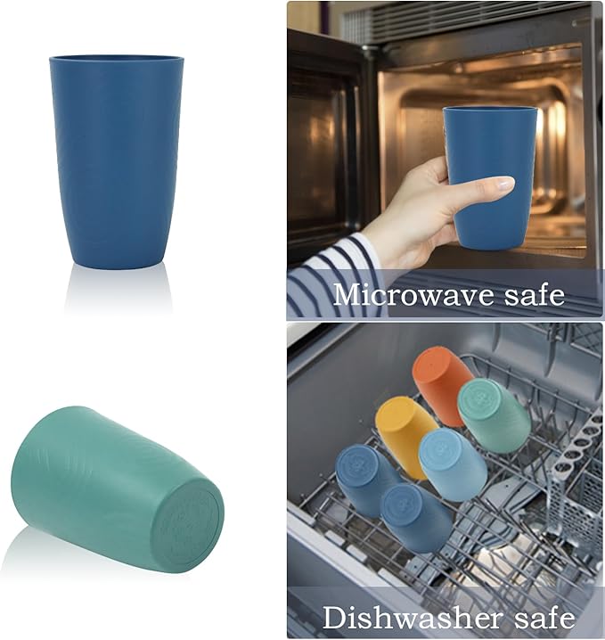 Wheat Straw Cups 6 PCS Plastic Cups Reusable Unbreakable Drinking Cup Dishwasher Safe Water Glasses with Unique Pattern (16 OZ)