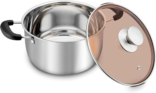 TeamFar Stock Pot 6 qt, Stainless Steel Stock Pasta Soup Pot with Lid, Double Bakelite Heat-Proof Handles & Tempered Glass Lid, Dishwasher Safe & Easy Cleanup, Non-Toxic & Healthy