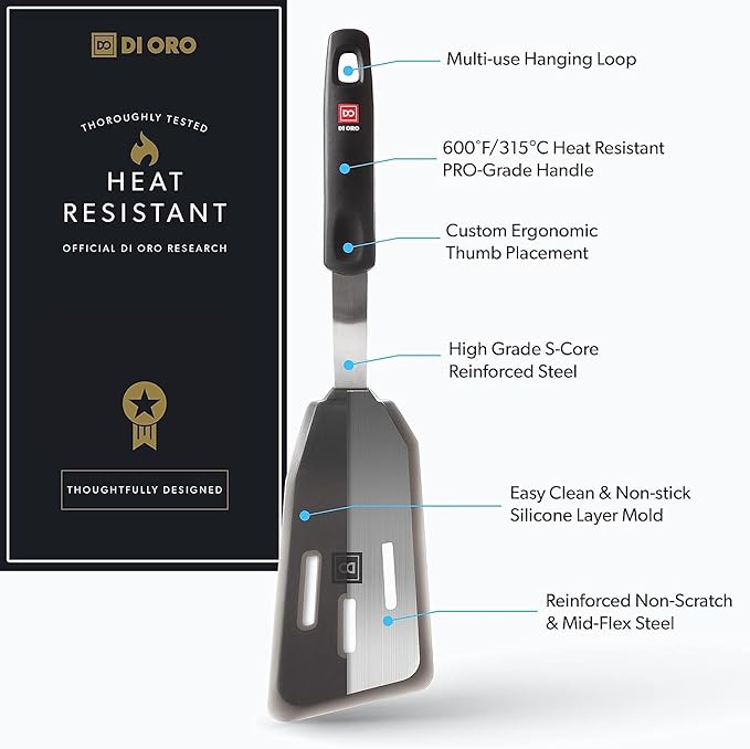 DI ORO Silicone Fish Spatula - for Nonstick Cookware - Fish Turner Spatula 600°F Heat-Resistant BPA Free - Slotted for Cooking - Non Stick Thin Egg Flipper (Black)