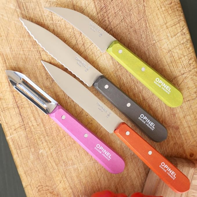 Opinel Les Essentials Small Kitchen 4 Piece Knife Set - Paring Knife, Serrated Knife, Peeler, Vegetable Knife, Corrosion Resistant High Carbon Steel, Made in France (50s)