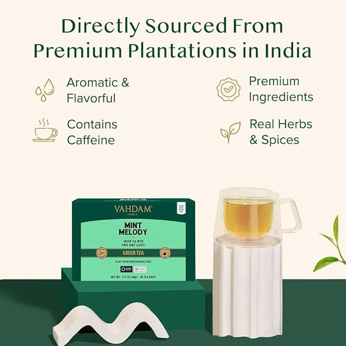 VAHDAM, Mint Green Tea Bags (30 Count) 100% Pure Leaf Tea, High Grown, Low Caffeine, Non GMO, Gluten Free | Individually Wrapped Plant-Based Pyramid Tea Bags | Direct from Source (Pack of 2)