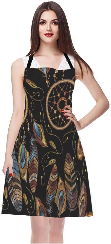 EKOBLA Dream Catcher Aprons American Indian Ethnic Style Magic Tribal Feathers Waterproof Resistant Chef Cooking Kitchen BBQ Adjustable Aprons for Women Men 27x31 Inch