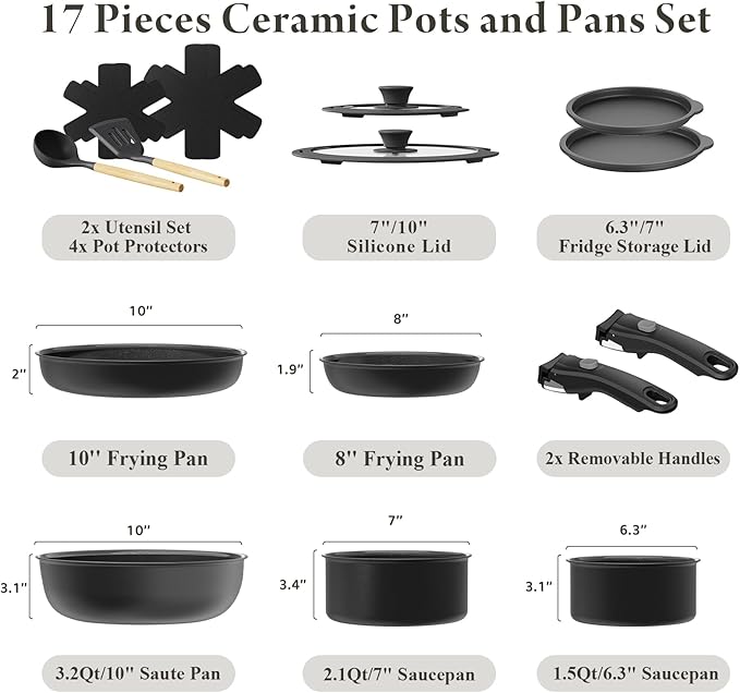 Ceramic Nonstick Cookware Set, Healthy,Non Toxic,17-Pieces Pots and Pans Set Removable Handles,Induction RV Kitchen Set,Stain & Scratch-resistant,Dishwasher/Oven Safe,PFAS/PFOA Free,Black