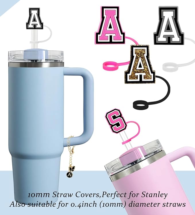 （3 +3) Nuozme Straw Cover Compatible with Stanley Tumbler Cup 3PCS Letter Straw Caps Toppers with 3 Initial Butterfly Charms Name ID For Stanley 30&40 Oz Cup
