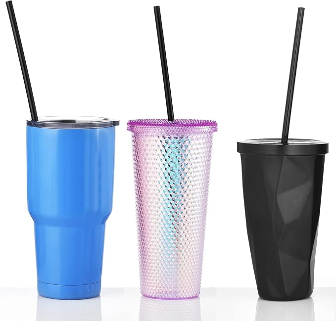 ALINK 13 inch Extra Long Reusable Plastic Black Straws, 12-Pack Tumbler Straws for Stanley Cups, 1 Gallon, 64 oz 40 oz 32 oz Water Bottles, Pack of 12 with Cleaning Brush