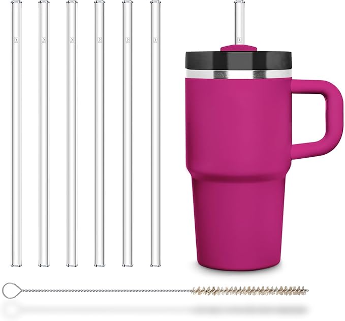 Halm 6 Pack Stanley 20oz & 14oz Replacement Straws for Quencher, Cup & Tumbler - Glass Straw 8.5 inch - Plastic-Free + Cleaning Brush Clear Reusable & Dishwasher Safe - Made in Germany