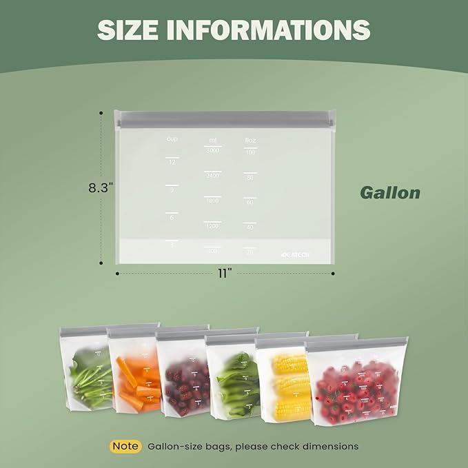 IDEATECH Reusable Bags Dishwasher Safe, BPA Free Reusable Freezer Bags Stand Up, Leakproof Silicone Bags for Food Storage Containers, Salad Fruit, Vegetables,Travel, Home Organization -Gray 6 Gallon