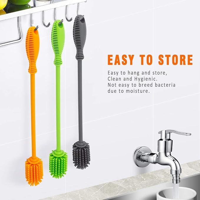 Silicone Bottle Cleaning Brush with Long Handle, 12.5" Water Bottle Cleaner for Baby Bottles, Hydro Flask, Sports Bottle, Vase, Glassware, Perfect for Smaller Diameter Bottle Openings (One Pack)