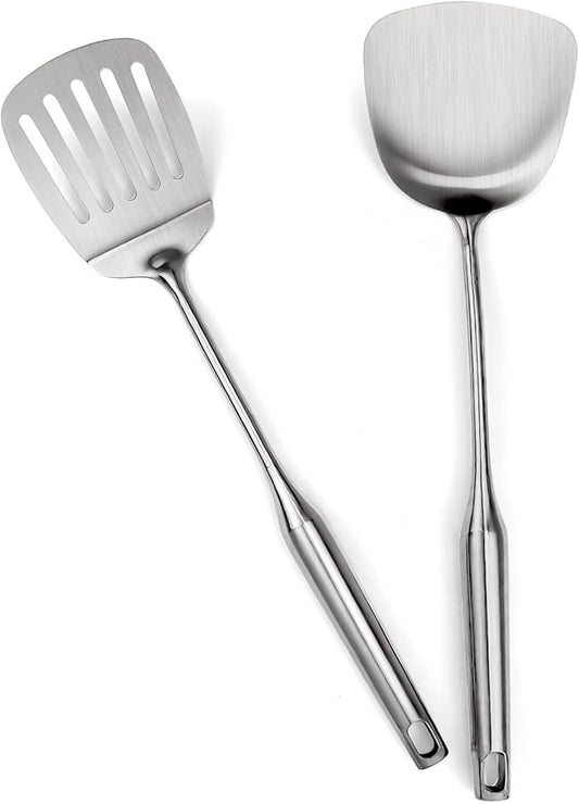 304 Stainless Steel Kitchen Utensils Set, 2 Pcs Long Metal Utensils Set with Spatula, Slotted Spatula Turner (Dishwasher Safe)