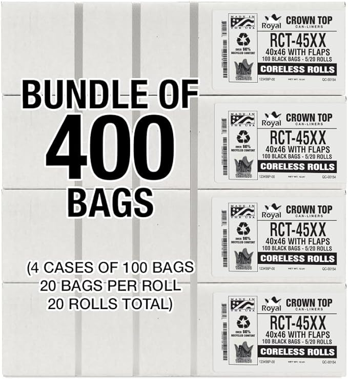 Aluf Plastics RCT-45XX Star Sealed Coreless Rolls with E-Z Tie Flap Closure, 45 gal, Polyethylene, 40" x 46", Black (Pack of 400)