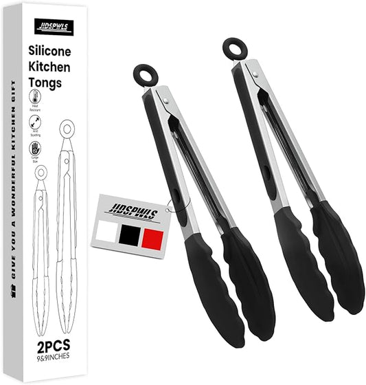 Premium Stainless Steel Heat Resistant Kitchen Tongs for cooking,set of 9" and 9" (Black),Non Scratch Silicone cooking Tong Tip for Cooking Pans,Strong Grip BBQ tongs for Grabbing Hot Food