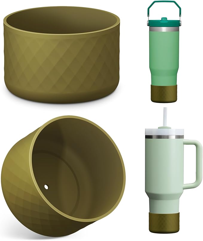 Upgrade 2PCS Protective Silicone Boot Bumper for Stanley Quencher Adventure 40oz 30oz IceFlow 20oz 30oz Tumbler, Water Bottle Bottom Sleeve Cover Accessories for Stanley Mug Cup(Brown Green)