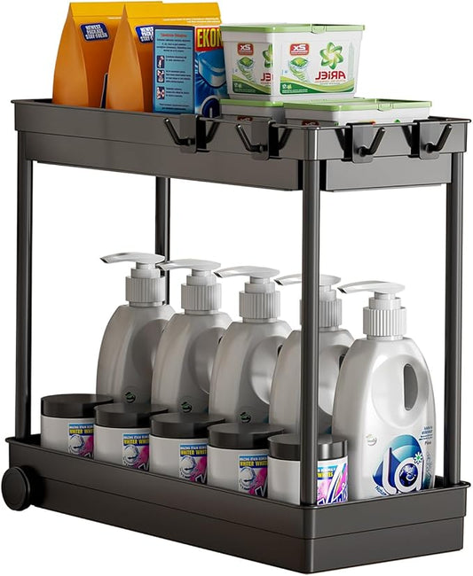 Under Sink Organizer, Under Cabinet Basket Organizer Drawer with Hooks, Bathroom Standing Rack, Multi-purpose Storage Shelf, Black