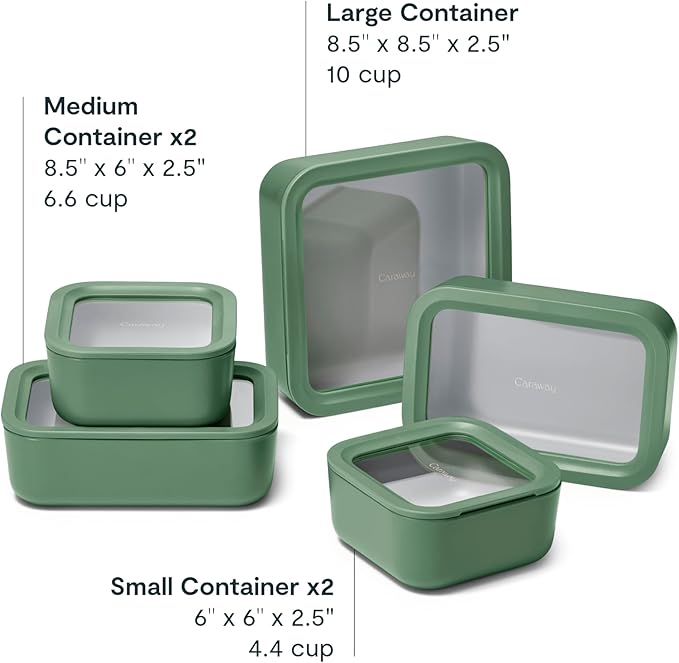 Caraway 13pc Glass Food Storage Container Set - Easy to Store, Non Toxic Lunch Box - with Glass Lids - Includes Storage Organizer - Sage
