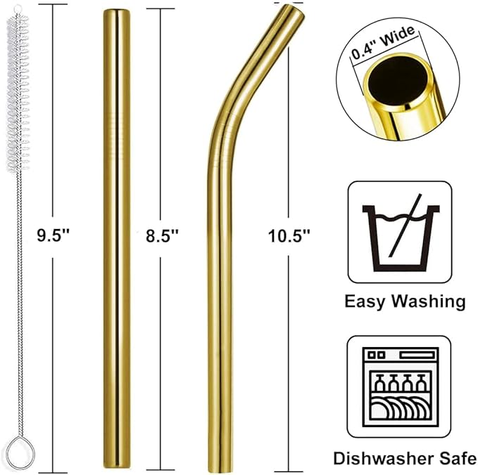 Vinaco 8.5" and 10.5" Big Smoothie & Milkshake Straws, 4 Pack Food-Grade Stainless Steel 0.4" Wide Mouth for Thick Drinks, Gold Metal Reusable