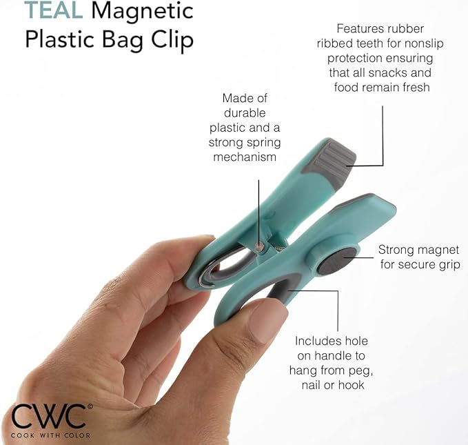 COOK WITH COLOR Bag Clips with Magnet- Food, Chip and Bag Clips for Food Storage with Airtight Seal Grip for Bread Bags, Snack Bags and Food Bags (Teal, Pack of 10)