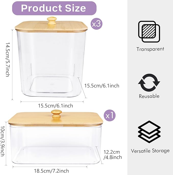 Laundry Pods Storage Container, Clear Laundry Room Organization and Storage ,Detergent Powder Container,with Wooden Lids & Labels, 3+1 Pack