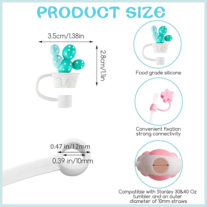 8 PCS Straw Cover, Straws Toppers for Stanley 30&40 Oz Tumbler, Straw Caps in Various Shapes Silicone Covers Cap for 0.4 Inch/10 mm Tips (Mixed Style)