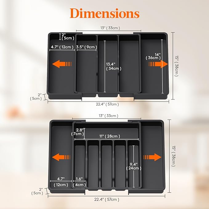 Lifewit Silverware Drawer Organizer and Utensil Organizer Set, Expandable Cooking Cutlery Tray for Kitchen, Adjustable Plastic Flatware Holder Storage Divider for Spoons Forks Knives, Large, Black
