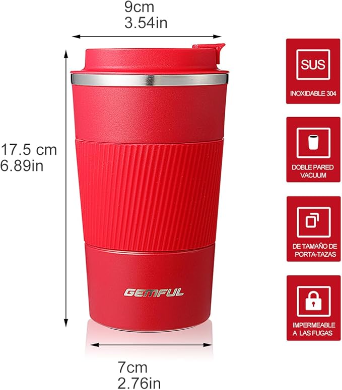 GEMFUL Travel Coffee Mug Insulated To Go Coffee Mug Tumbler with Lid Portable Stainless Steel Reusable Leak Proof Coffee Cups for Women Hot Cold Drinks 17oz (Red)